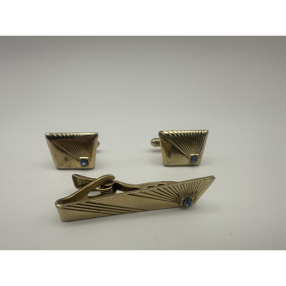 Vintage Gold Tone Sunburst Cufflinks and Tie Clip Set with Blue Rhinestones Mens